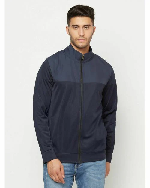 Glito Navy Blue Color Blocked Stretchable Regular Fit Sports Wear Jacket/Upper For Men