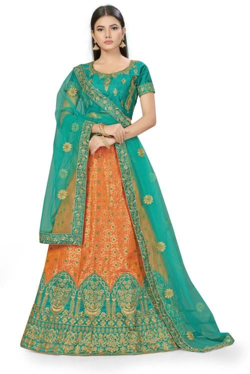 Sainoor Women Free Size Pink,Green Embroidered Silk Blend Lehenga Choli Set