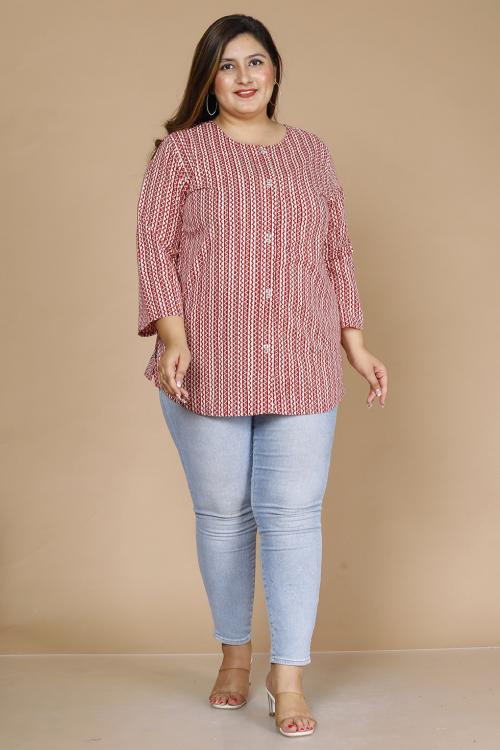 Madam Plus Red Cotton Pintuck TOP | Suitable for Plus-Size Women's Wear