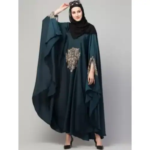 BHUMIFAB Latest designer party wear abaya with embroidered for women Cotton Blend Abaya With Hijab (Green)