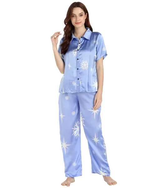 Serein Women Light Blue All Over Print Satin Single Nightshirt & Nightie