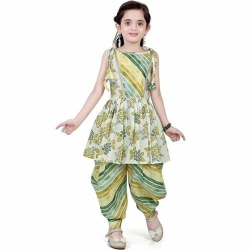 KidsFlower Girls' Anarkali Kurta and Dhoti Pant Set | Sleeveless | Knee-Length Floral Printed Cotton Anarkali with Dhoti Pant | Multicolor | Size-12-13Years