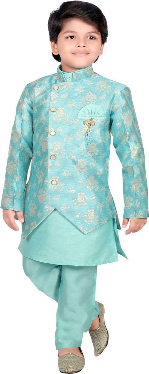 Ahhaaaa Boys Light Blue Full Sleeve Cotton Blend Self Design Sherwani and Churidar Set