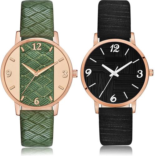 TIMENTER Treading Branded Geometric Texture And Girls Watch Green And Black Colour Analog Genuine Leather Belt 2 Watch Combo For Women And Girls - GM398-GM320