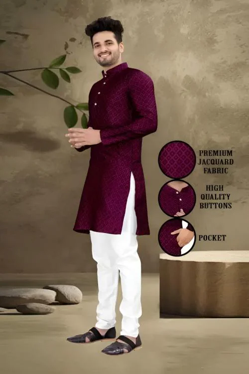ETHNIC TROVE Men Cotton Kurta Mens Model Silk Ethnic Wear Kurta Knee Length Self Design Kurta, Wedding Kurta , Haldi Kurta, Party Wear Kurta, Engagement Kurta, Regular Fit Kurta-WINE-XL