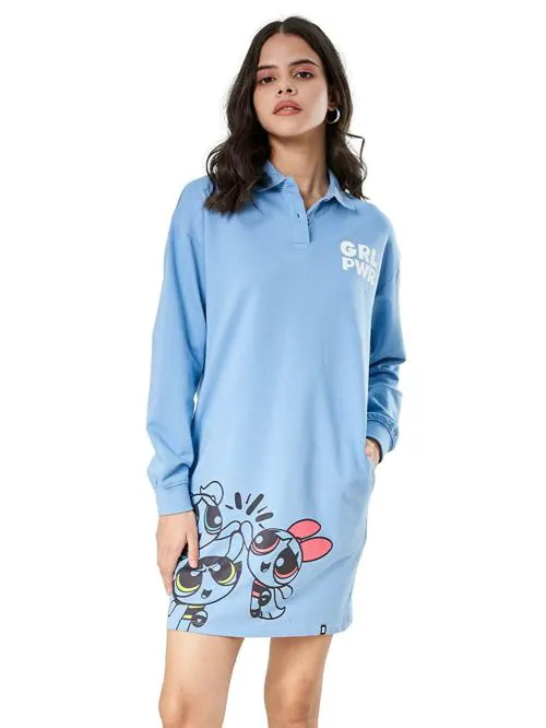 The Souled Store Women Sky Blue Printed Cotton Polo Dresses