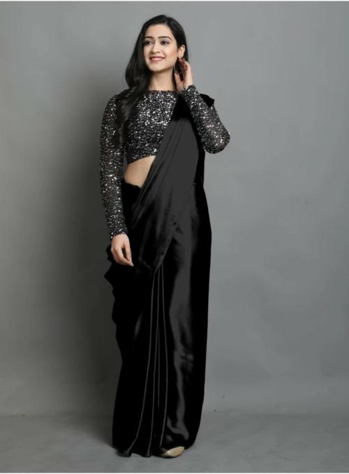 IrisTheStudio Women Black Silk Blend, Satin Solid, Plain Bollywood Saree