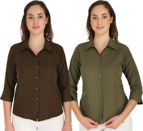 Hunoor Womens Dark Mehandi and Green Solid Crepe Pack of 2 Casual Shirt l women shirt l casual shirt for women