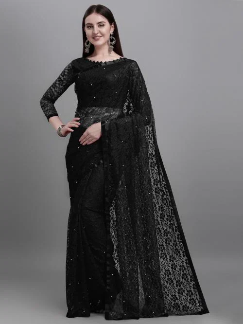LOROFY Women Black Net Saree