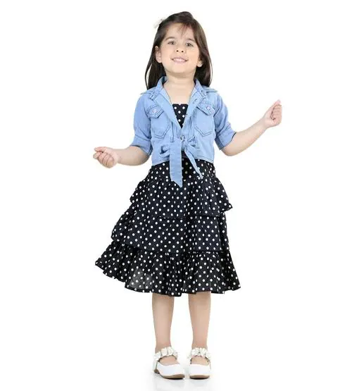 Hauppers Black Polka Dot Dress With denim Jacket For Girls - 6-7 years