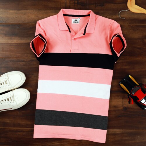 MANLINO MENS TRENDY PINK POLO TSHIRT - XS
