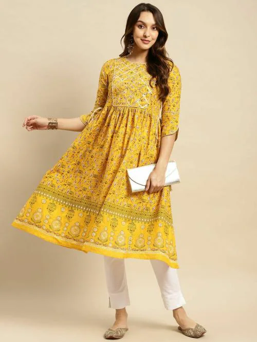 Rangita Women 100% Cotton Yellow Gota Lace At Yoke Calf Length Kurti Gathered At Waist