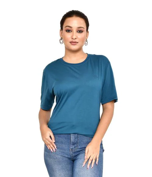 Roy's Women's Casual Regular Fit Solid Round Neck Cotton Blend T-Shirt I Comfortable And Breathable Western Outfit | Summer Friendly Everyday Wear | Color - Blue, Size - XXL