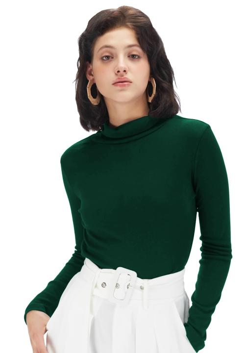 Fabricorn Stylish Plain Bottle Green Long Sleeve Turtle Neck Cotton Tshirt for women (Small ,Bottle Green)