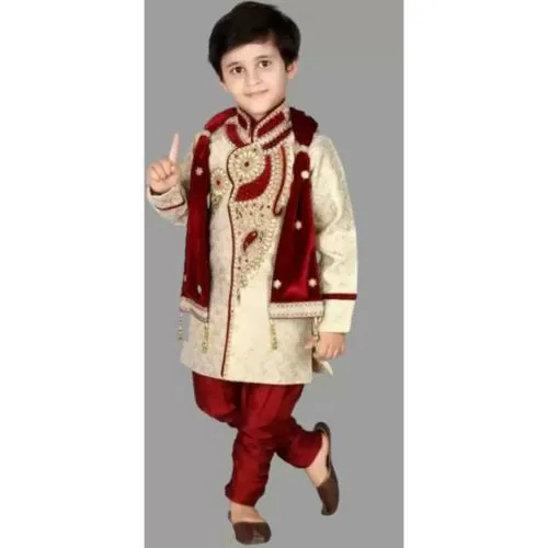 Qtsy Best Smart Choice Boys Festive & Party Sherwani and Churidar Set (Gold Pack of 1)