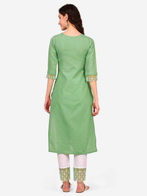 Style Samsara Womens Regular Cotton Blend embroidered Pista colour 3/4 Sleeve Kurta Pant set