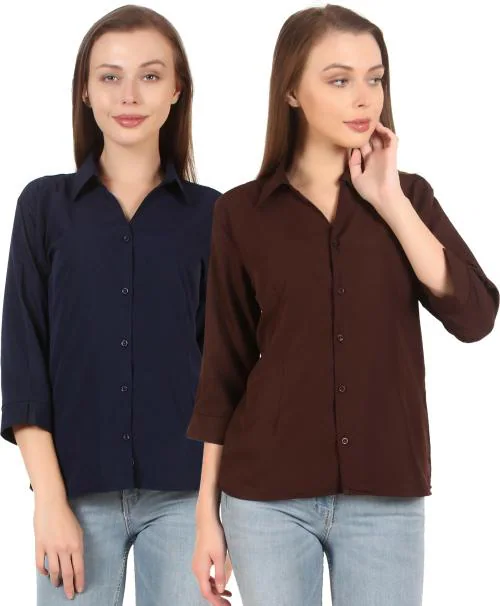 HUNOOR Womens Dark Blue Solid Polyester Pack of 2 Formal Shirt l women shirt l casual shirt for women