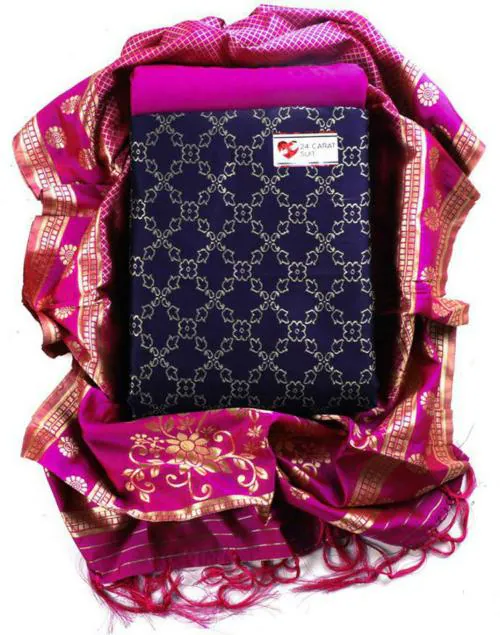 Sun Fashion And Lifestyle Women Dark Blue, Pink Striped Jacquard Unstitched Salwar Suit Material