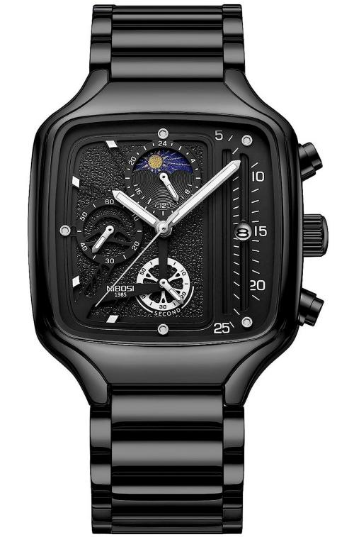 Nibosi Mens Black Stainless Steel Square Chronograph Watch (Pack of 1)