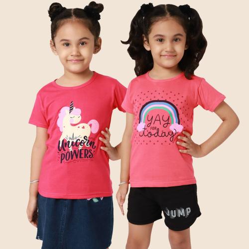 Little Zing Girls Multicolor Pure Cotton Printed Pack Of 2 T Shirt| Girls tshirt| Kids Tshirt| Kids Wear| Tshirt for Girls| Baby Clothes| T shirt for Girls| Girl T-shirt