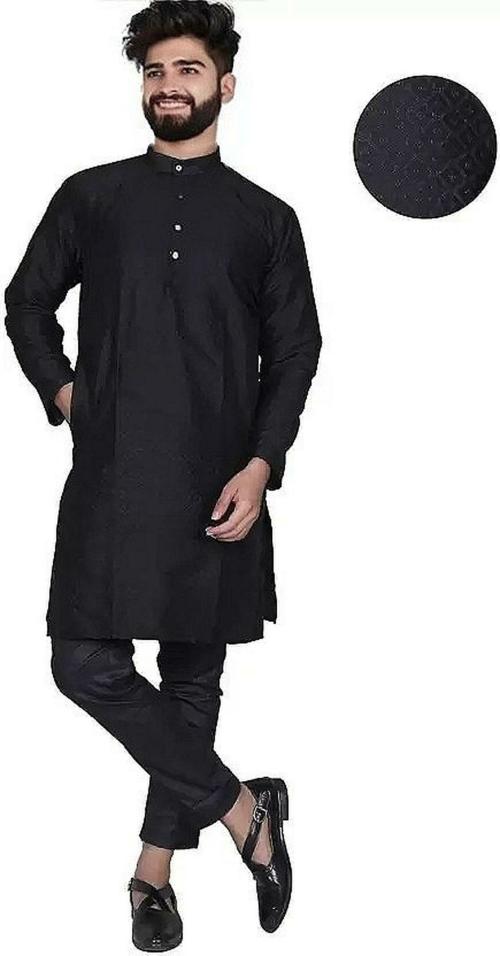 Dingra Men Black Self Design Cotton Silk 1 Straight Kurta
