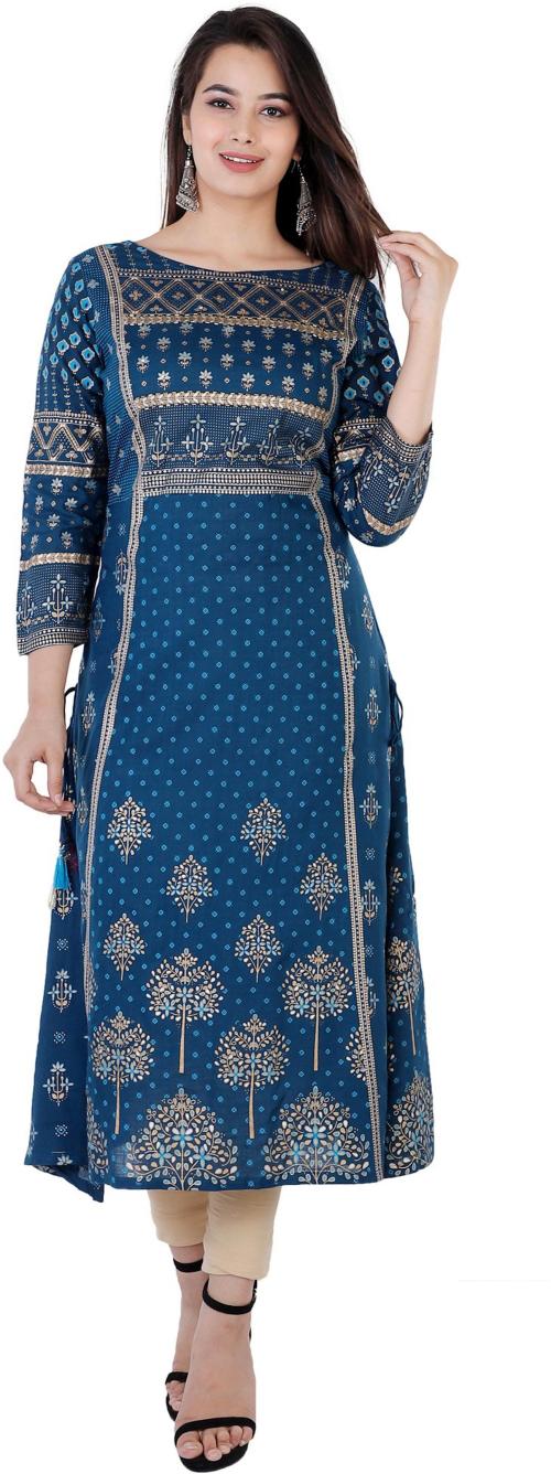 Unisets Womens Dark Blue Printed Rayon Kurta