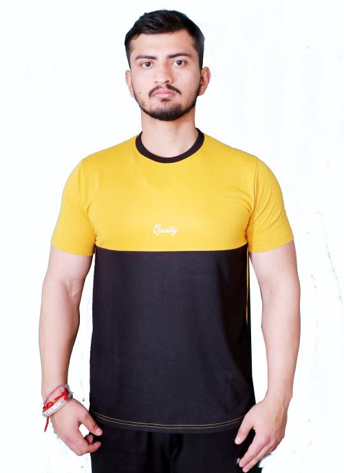 NVA Quality Solid Men's Round Neck Cotton Blend Half Sleeve Mustard and Black T-Shirt