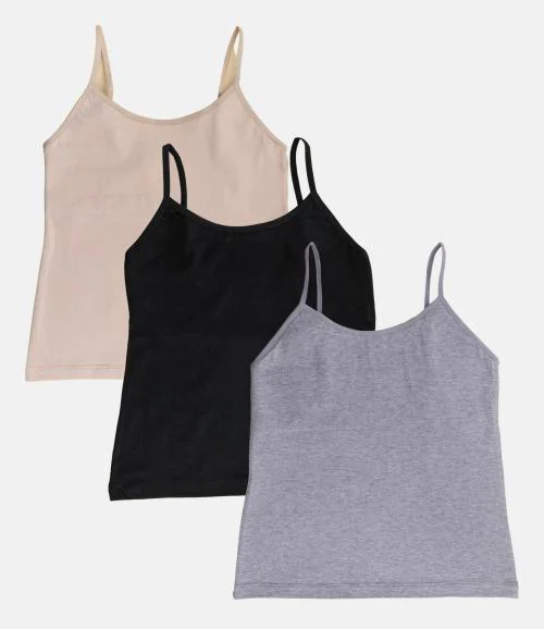 Adira | Camisole For Girls | Flat Padded Innerwear Vest | Camisole For Puberty | Girls Slip | Covers Nipples & Gives Confidence At School | stretchy Cotton | Pack Of 3 | Skin, Black & Grey | XXL