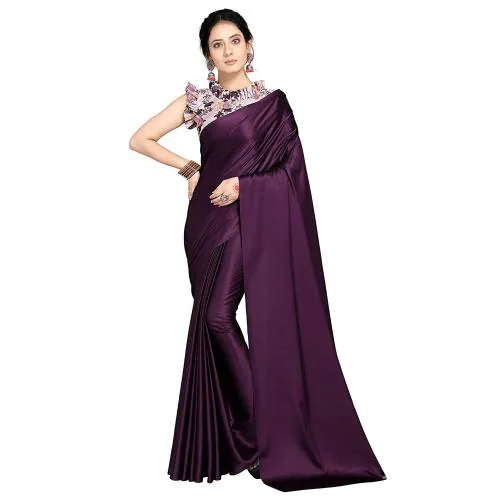 Anant Designer Studio Women Purple Plain Soft Satin And Art Silk Saree With Digital Printed Designer Blouse Piece