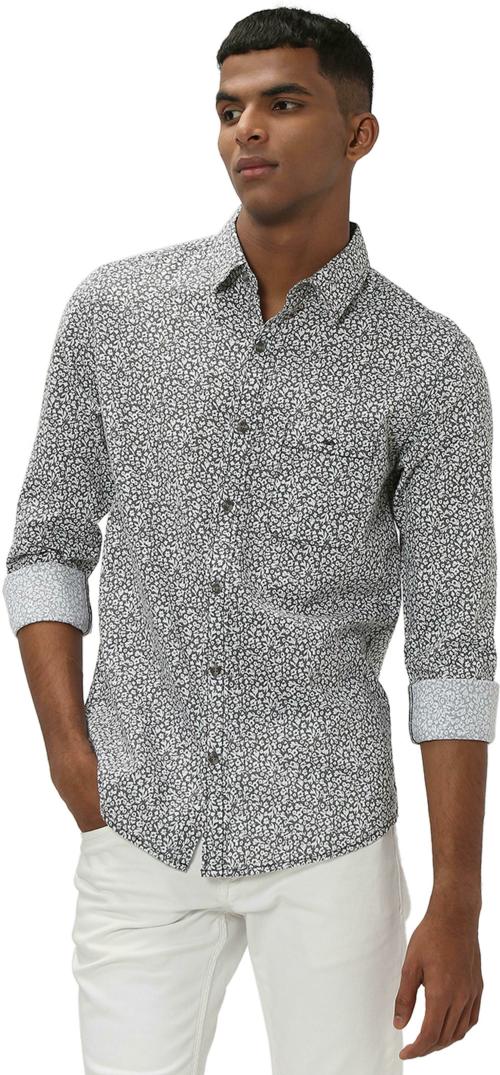 Mufti Grey & White Floral Print Slim Fit Casual Shirt