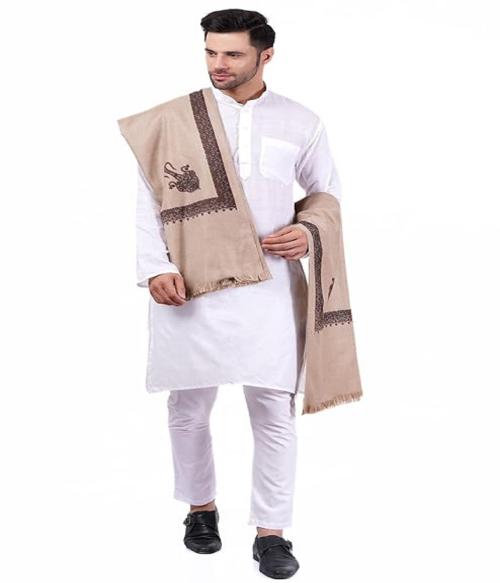 Vrinde Pure Woolen Decorative/Art Deco Dushalla Printed Shawl (Size 45X88 Inch) l Kashmiri Shawl l Men Shawl l Winter Wear l Beige