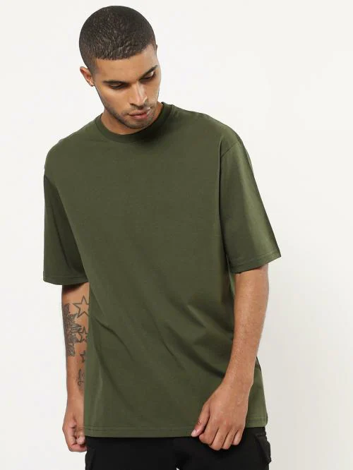 Bewakoof Men's Olive Round Neck Short Sleeve Oversized T-shirt