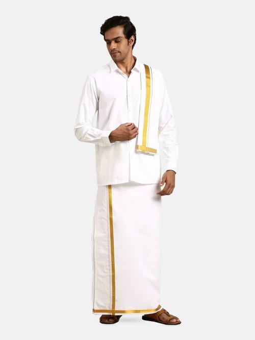 Ramraj Men White Cotton Shirt With Spread collar long sleeves Veshti & Towel.