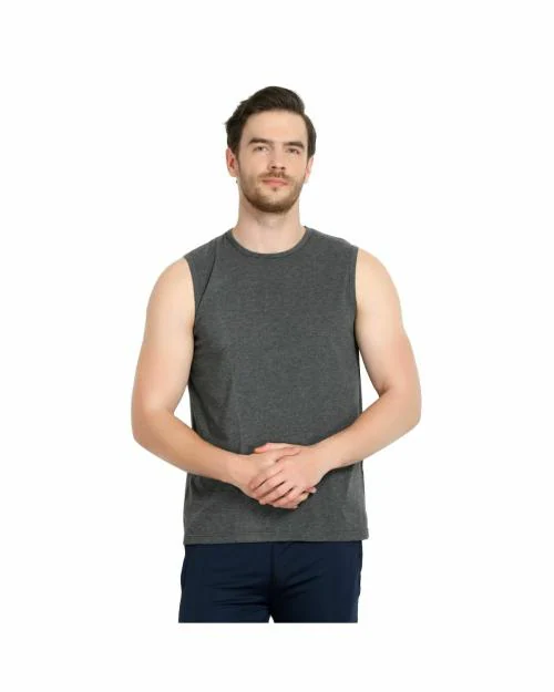 Buy Glito Dark Grey Solid Round Neck Sleeveless Vest For Men's Online