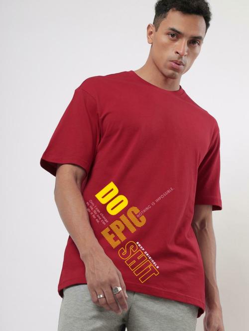 Bewakoof Men's Red Epic Words Short Sleeve Round Neck Oversized T-shirt