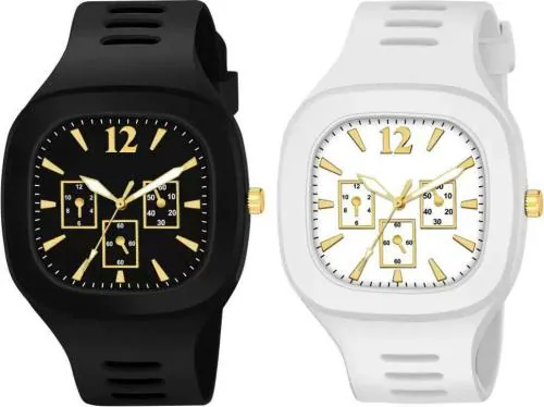 Zuperia New Square Dial Black And White Silicone Strap Analog Watch For Boys - Pack of 2