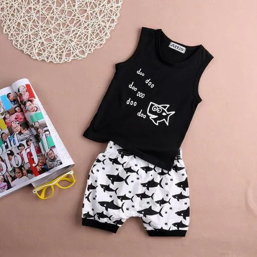 Lofn Boys and Girls Clothes Shark and Doo Doo Print Summer Cotton Kids Clothing Set, size (0 to 3 Months)
