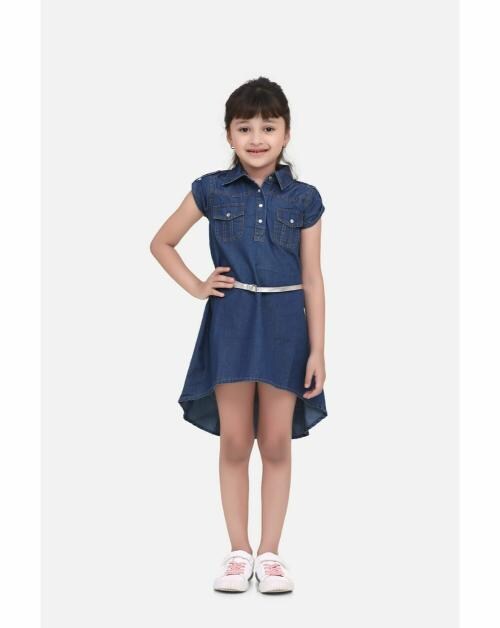 StyleStone Girls Dark Blue Denim Hi Lo Dress with Belt