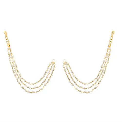 Jewelopia Kaan Chain Golden White Pearl 3 line Ear Thread Traditional Champaswaralu Gold Long Bridal Wedding Ear Chain Kaan Chain Jewellery for Women & Girls