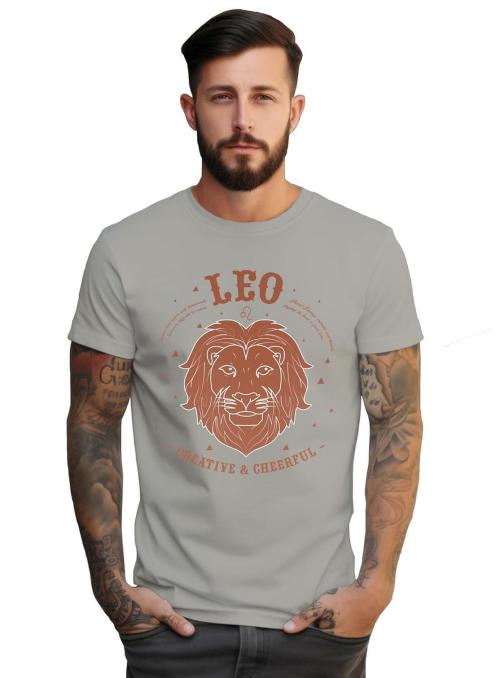 Peppyzone Men's Regular Fit Leo Zodiac Sign Printed Pure Cotton T Shirt for Men