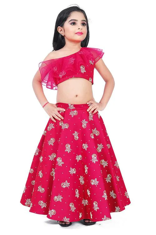 Noyyal Pink Oneshoulder Top With Lehenga Kids Girls, 13 Years-14 Years
