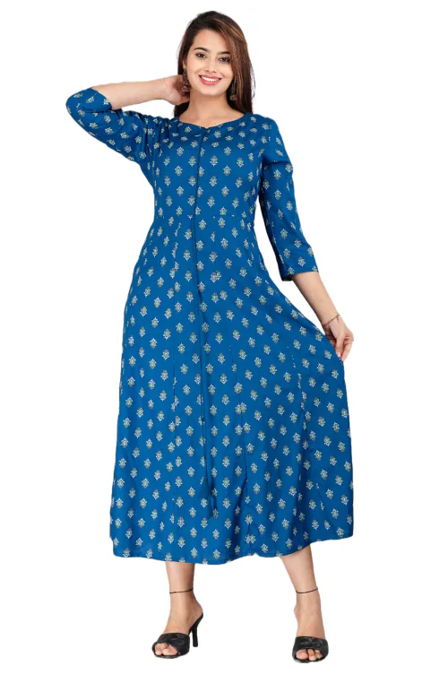 Clickedia Womens Fully Stitched Rayon Batik Kurti with Tassels Fine printed stylish long dress and Anarkali cut kurta/Kurti