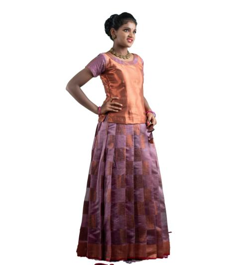 Shivangi AR18PK Girls Pink Copper Peacock Pattu Pavadai (12-13Y)