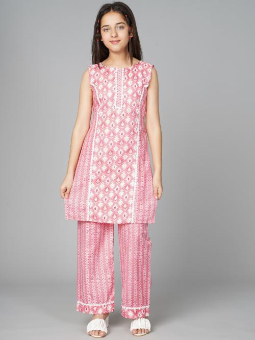 Bollylounge Floral Printed Sleeveless Kurta Set Baby Pink