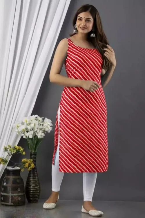 PAGHADIWALLA BEAUTY STYLE Women's Regular Fit Sleeveless Solid Leheriya Style Staright Kurti,Kurti For Women,Kurti For Girls,Kurtas,Summer Dresses, Women Clothing-RED-M