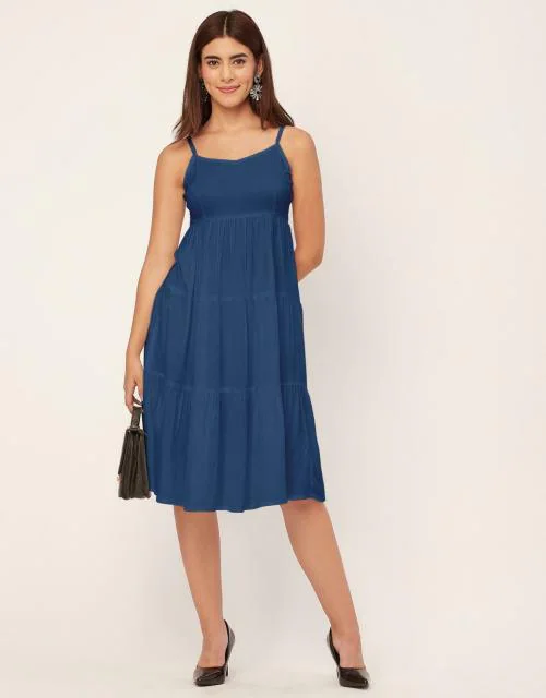 Moomaya Sweetheart Neck Sleeveless Solid Rayon Dress - Tired Design, Cocktail Party Regular Fit