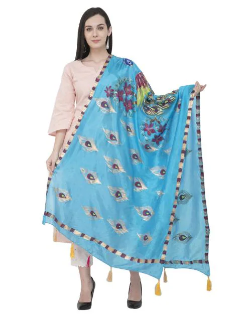 A R Silk Silk Peacock Multi Fancy Dupatta Color Firozi Dupatta/Chunni