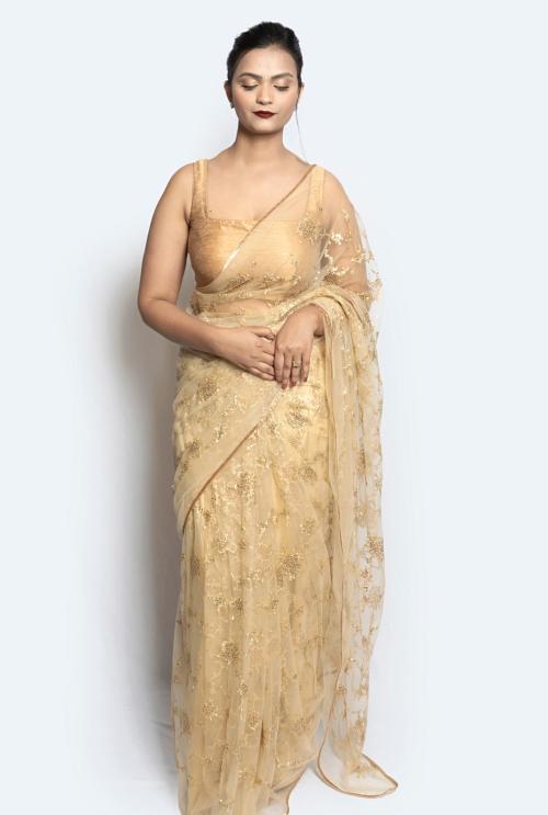 Wardrobe luxury women's golden net sequin saree