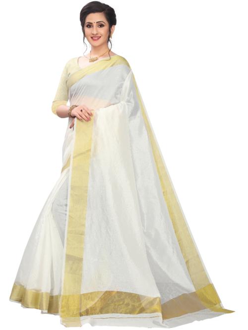 Leeza Store Women's White Cotton Blend Kerala Kasavu Solid Plain Golden Zari Border Saree With Blouse Piece