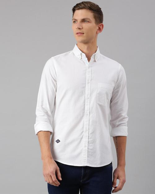 Thomas Scott Men White Cotton Shirt With Patch Pocket (L)